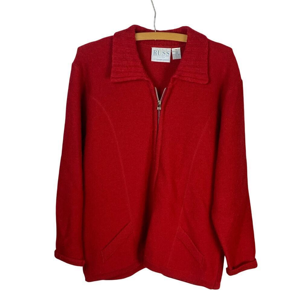 Russ Petites Red Wool Zip Cardigan Sweater Size M Vintage 90s
